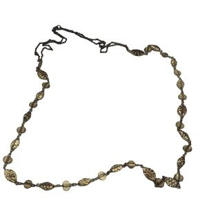 Long Statement Necklace Gold Tone Embossed Round Flat Metal Beads